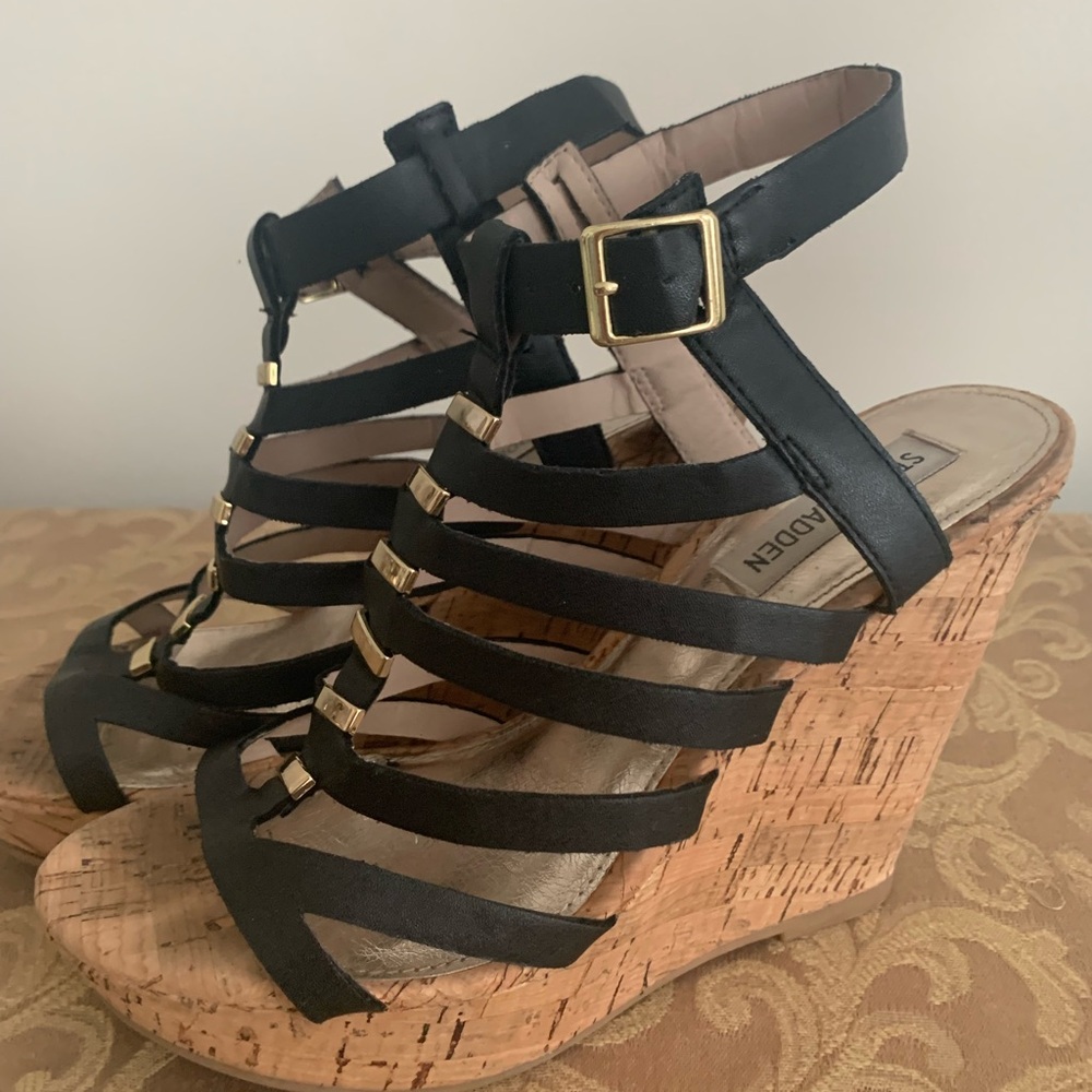 Steve Madden Black Strappy Cork Wedges